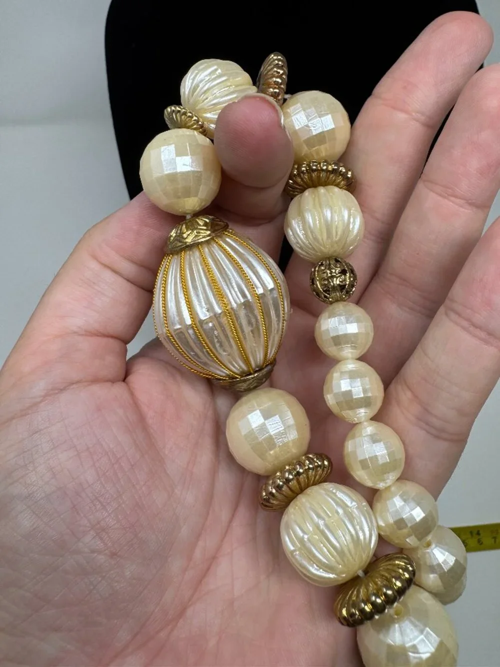 Lot of 2 Vintage Lucite Faux Pearl Statement Necklaces Gold Accent Chunky 18